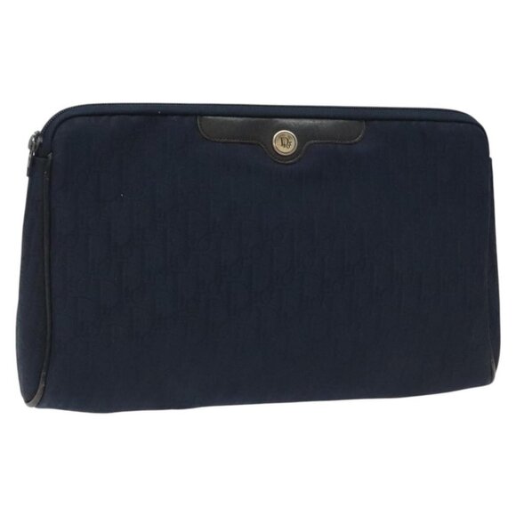 Christian Dior Trotter Canvas Clutch Bag Navy Gold Auth - Picture 1 of 16